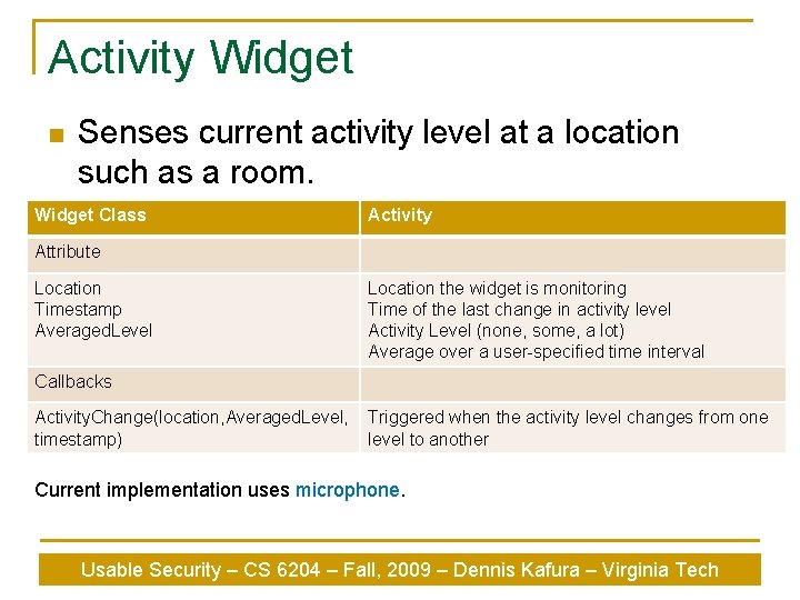 Activity Widget n Senses current activity level at a location such as a room.