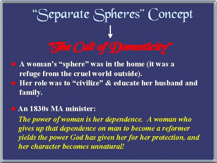 “Separate Spheres” Concept “The Cult of Domesticity” e A woman’s “sphere” was in the
