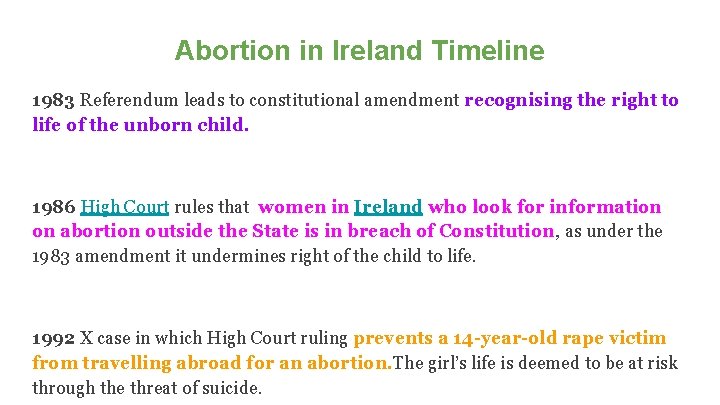 Abortion in Ireland Timeline 1983 Referendum leads to constitutional amendment recognising the right to