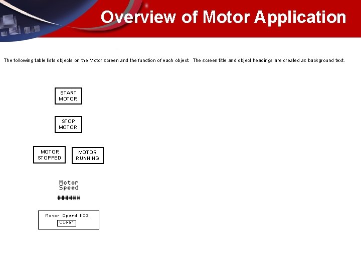 Overview of Motor Application The following table lists objects on the Motor screen and