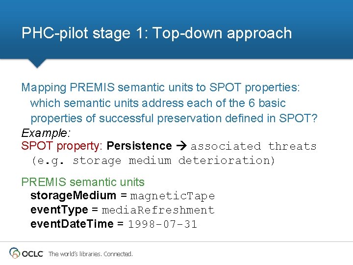 PHC-pilot stage 1: Top-down approach Mapping PREMIS semantic units to SPOT properties: which semantic