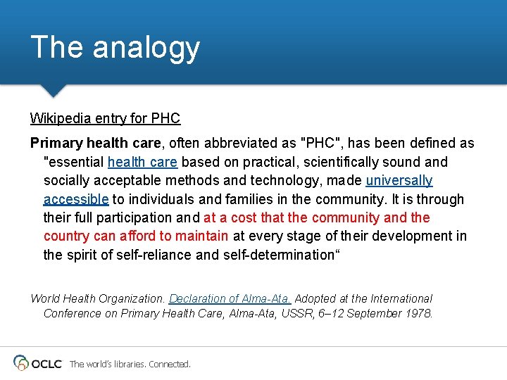 The analogy Wikipedia entry for PHC Primary health care, often abbreviated as "PHC", has