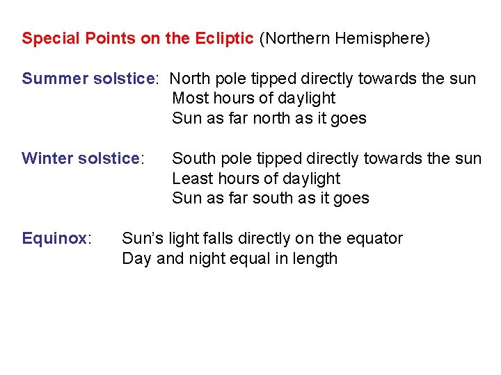 Special Points on the Ecliptic (Northern Hemisphere) Summer solstice: North pole tipped directly towards