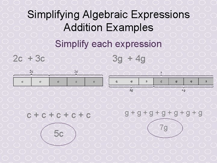 Simplifying Algebraic Expressions Addition Examples Simplify each expression 2 c + 3 c 3