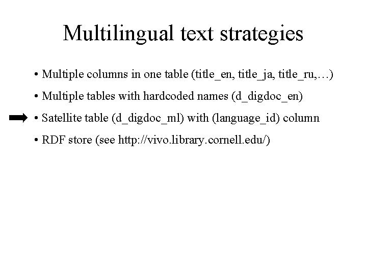 Multilingual text strategies • Multiple columns in one table (title_en, title_ja, title_ru, …) •