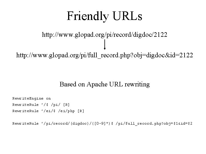 Friendly URLs http: //www. glopad. org/pi/record/digdoc/2122 http: //www. glopad. org/pi/full_record. php? obj=digdoc&id=2122 Based on