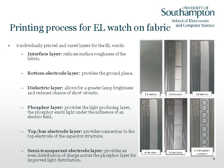 Printing process for EL watch on fabric • 6 individually printed and cured layers