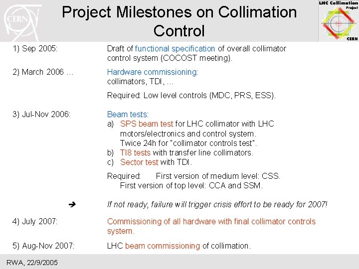Project Milestones on Collimation Control 1) Sep 2005: Draft of functional specification of overall
