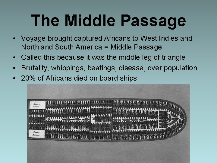 The Middle Passage • Voyage brought captured Africans to West Indies and North and