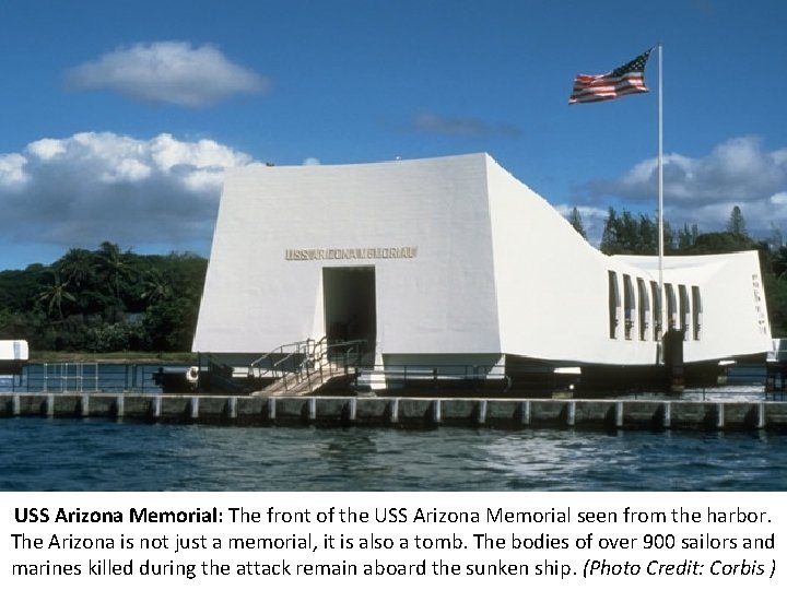 USS Arizona Memorial: The front of the USS Arizona Memorial seen from the harbor.