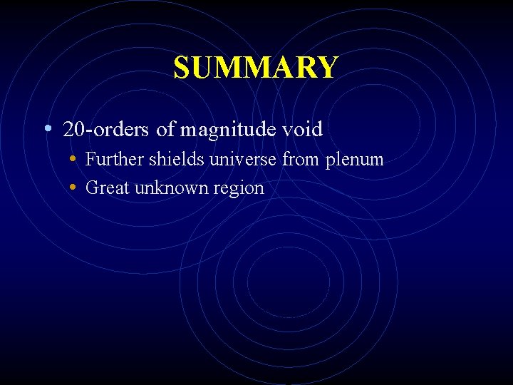 SUMMARY • 20 -orders of magnitude void • Further shields universe from plenum •