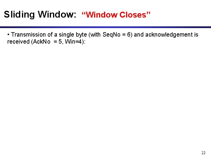 Sliding Window: “Window Closes” • Transmission of a single byte (with Seq. No =