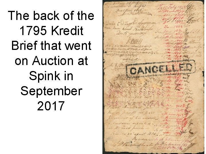 The back of the 1795 Kredit Brief that went on Auction at Spink in