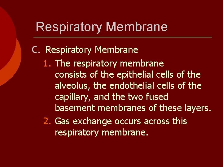 Respiratory Membrane C. Respiratory Membrane 1. The respiratory membrane consists of the epithelial cells