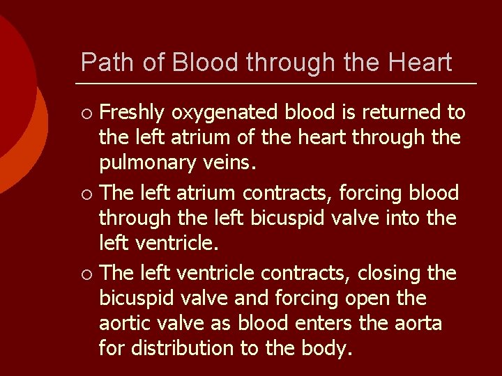 Path of Blood through the Heart Freshly oxygenated blood is returned to the left