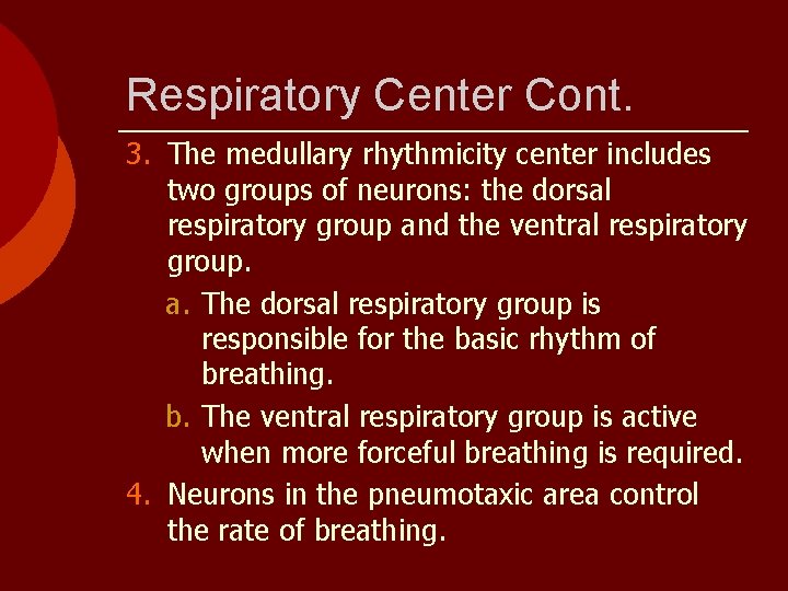 Respiratory Center Cont. 3. The medullary rhythmicity center includes two groups of neurons: the