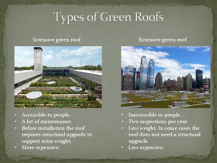 Types of Green Roofs Intensive green roof • Accessible to people. • A lot