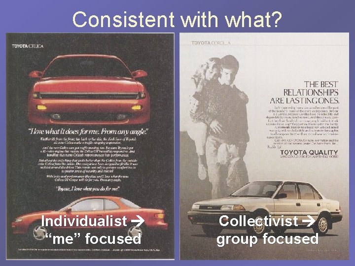 Consistent with what? Individualist “me” focused Collectivist group focused 