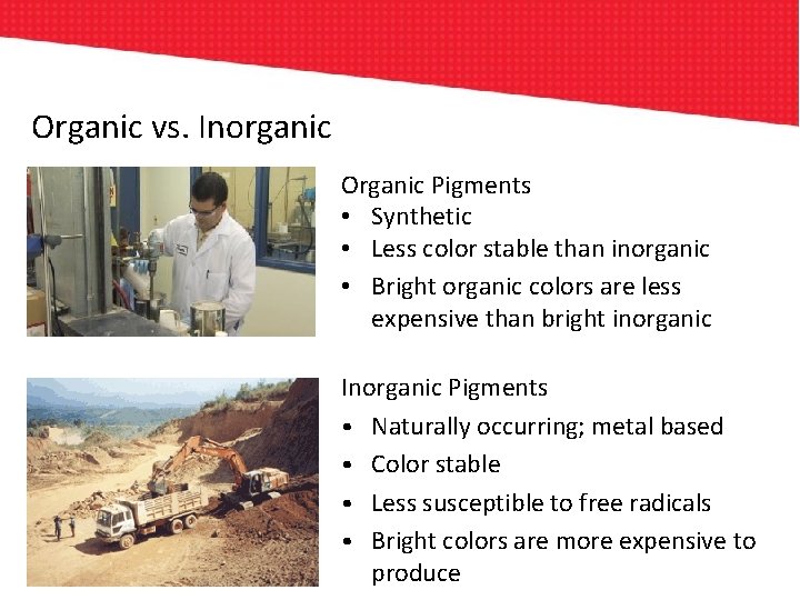 Organic vs. Inorganic Organic Pigments • Synthetic • Less color stable than inorganic •