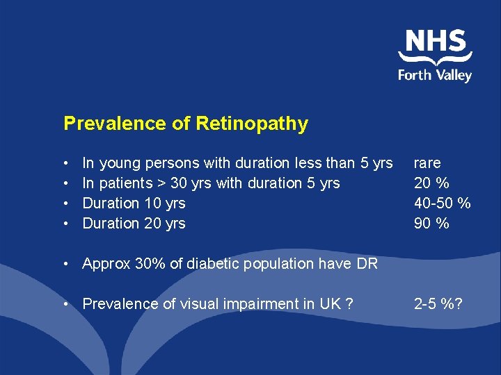 Prevalence of Retinopathy • • In young persons with duration less than 5 yrs