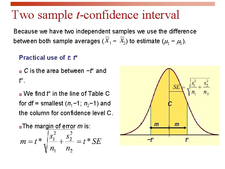 Two sample t-confidence interval Because we have two independent samples we use the difference