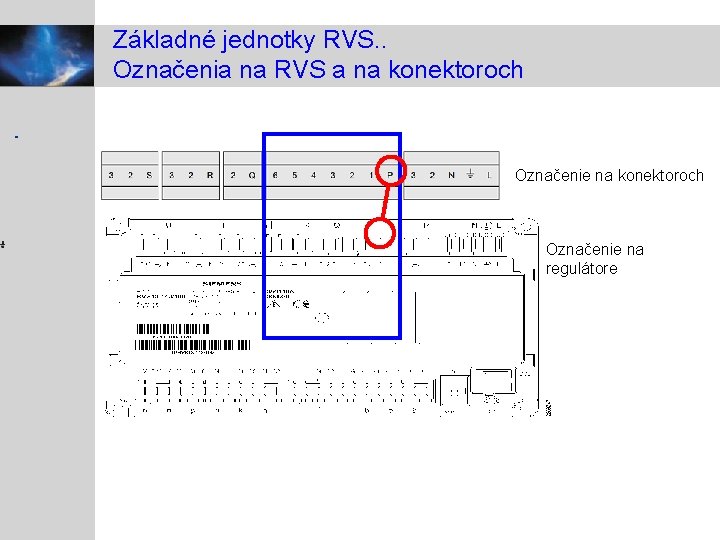 Základné jednotky RVS. . Označenia na RVS a na konektoroch Označenie na regulátore 