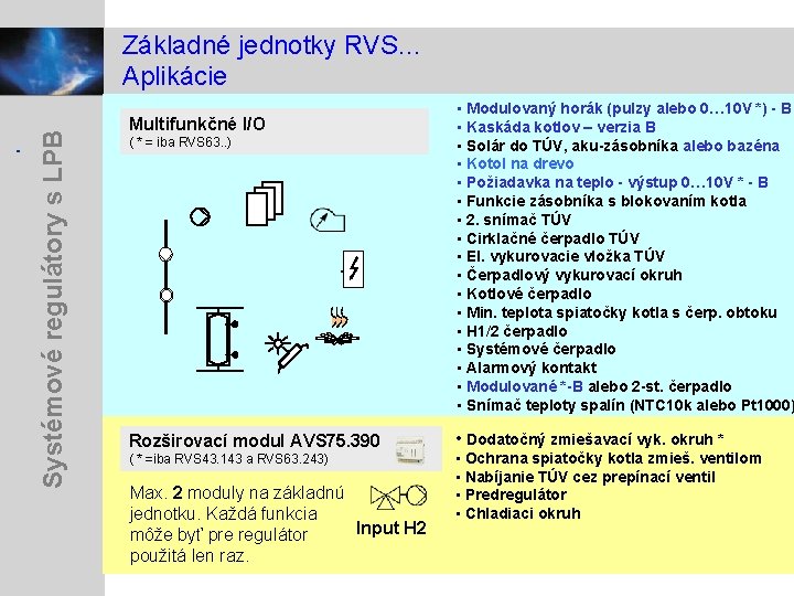 Systémové regulátory s LPB Základné jednotky RVS. . . Aplikácie Multifunkčné I/O ( *