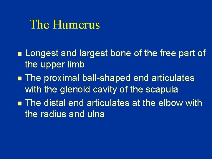 The Humerus n n n Longest and largest bone of the free part of
