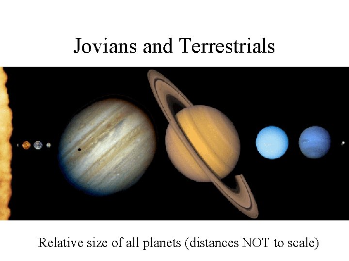 Jovians and Terrestrials Relative size of all planets (distances NOT to scale) 