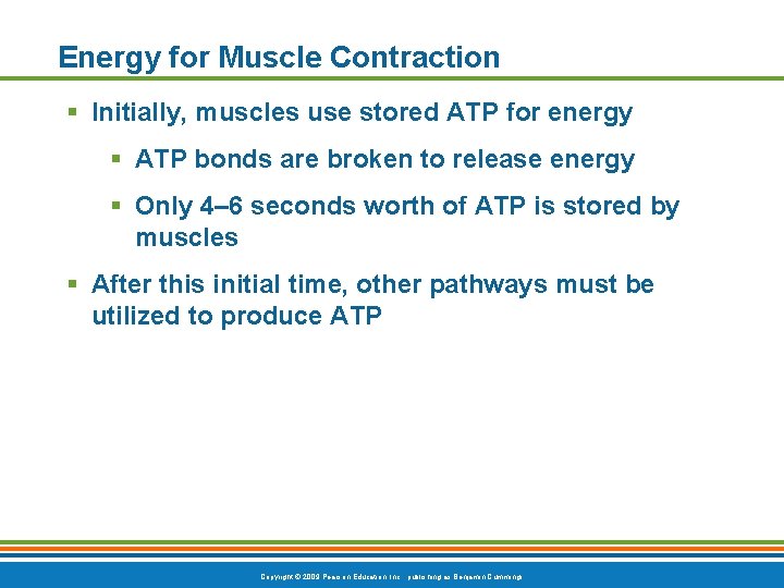 Energy for Muscle Contraction § Initially, muscles use stored ATP for energy § ATP