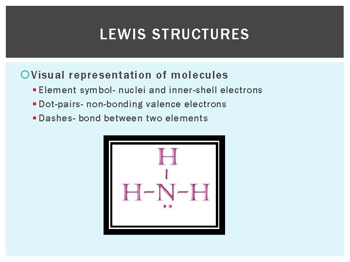 LEWIS STRUCTURES Visual representation of molecules § Element symbol- nuclei and inner-shell electrons §