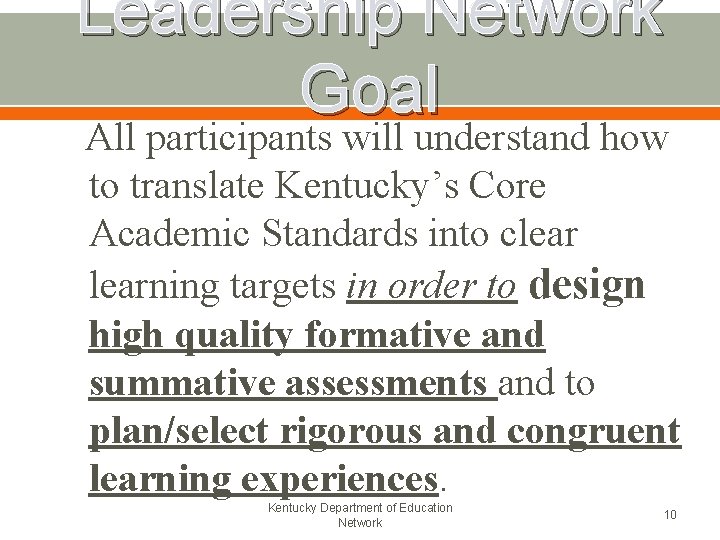 Leadership Network Goal All participants will understand how to translate Kentucky’s Core Academic Standards