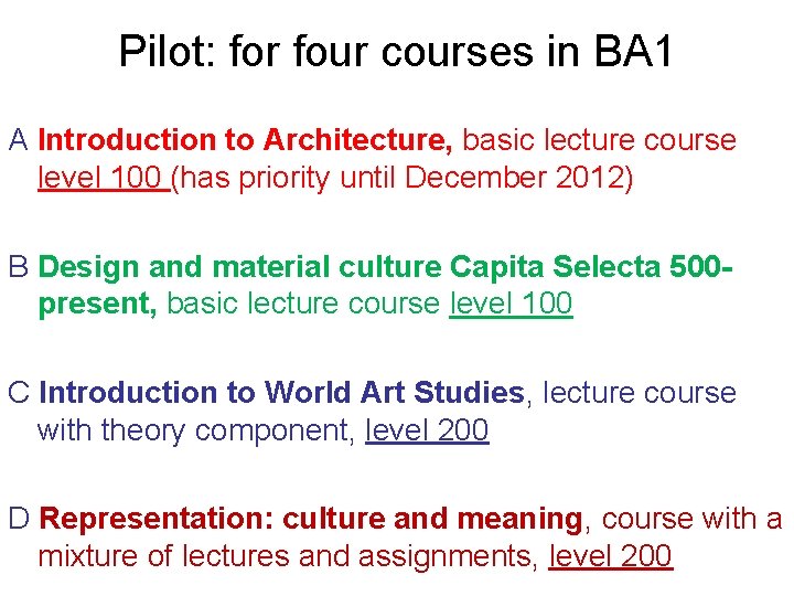 Pilot: for four courses in BA 1 A Introduction to Architecture, basic lecture course