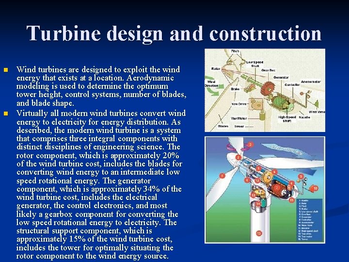 Turbine design and construction n n Wind turbines are designed to exploit the wind