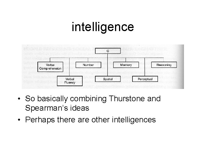 intelligence • So basically combining Thurstone and Spearman’s ideas • Perhaps there are other