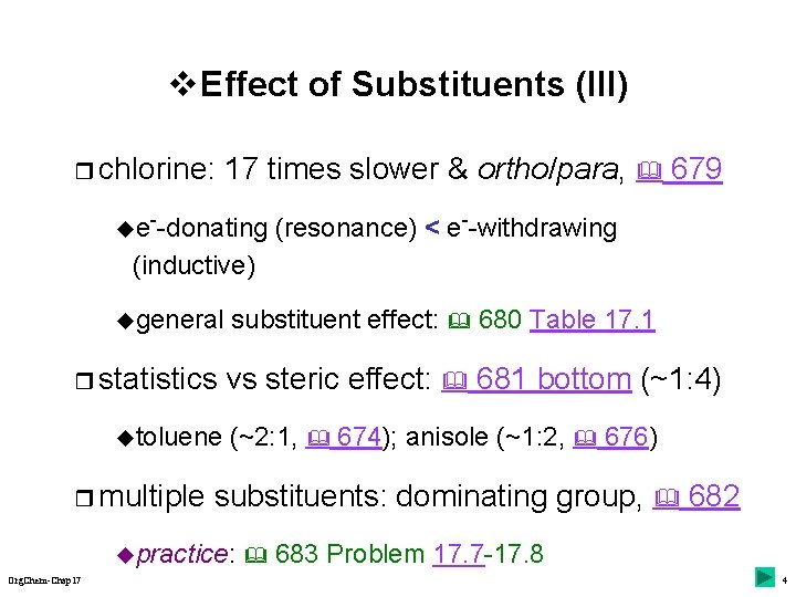 v Effect of Substituents (III) r chlorine: 17 times slower & ortho/para, 679 ue--donating