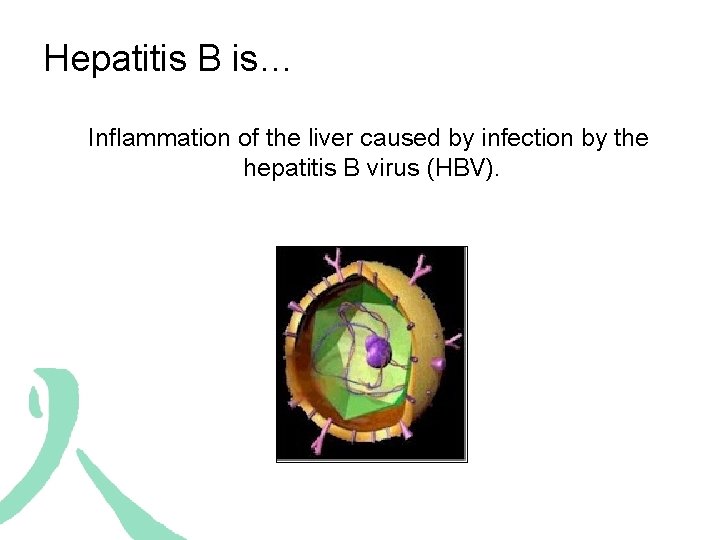 Hepatitis B is… Inflammation of the liver caused by infection by the hepatitis B