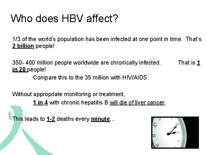 Who does HBV affect? 1/3 of the world’s population has been infected at one