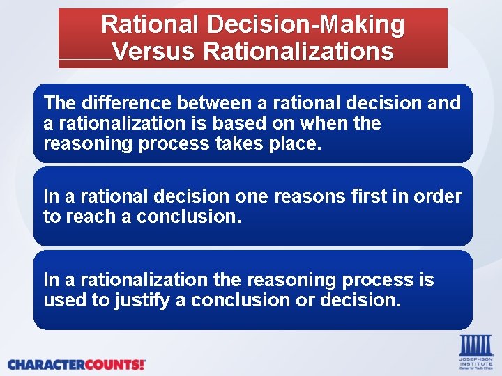 Rational Decision-Making Versus Rationalizations The difference between a rational decision and a rationalization is