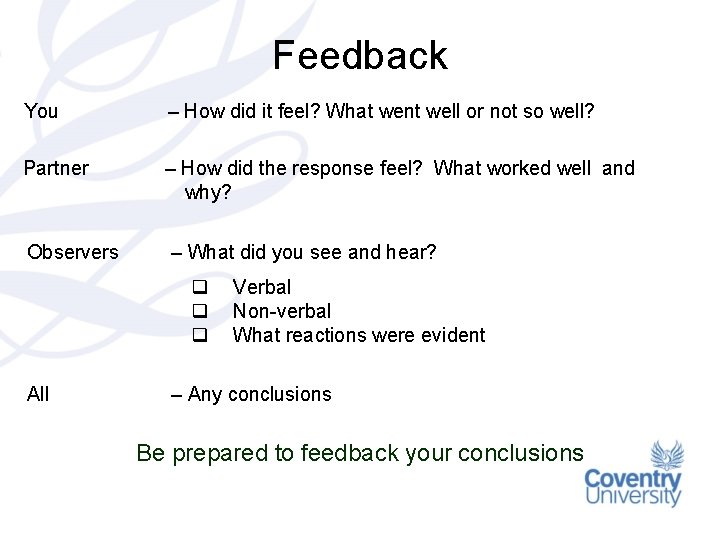 Feedback You – How did it feel? What went well or not so well?