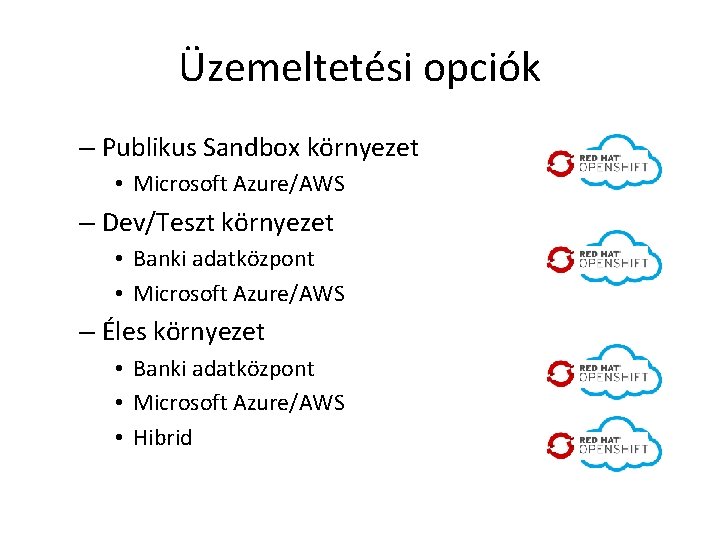 Üzemeltetési opciók – Publikus Sandbox környezet • Microsoft Azure/AWS – Dev/Teszt környezet • Banki