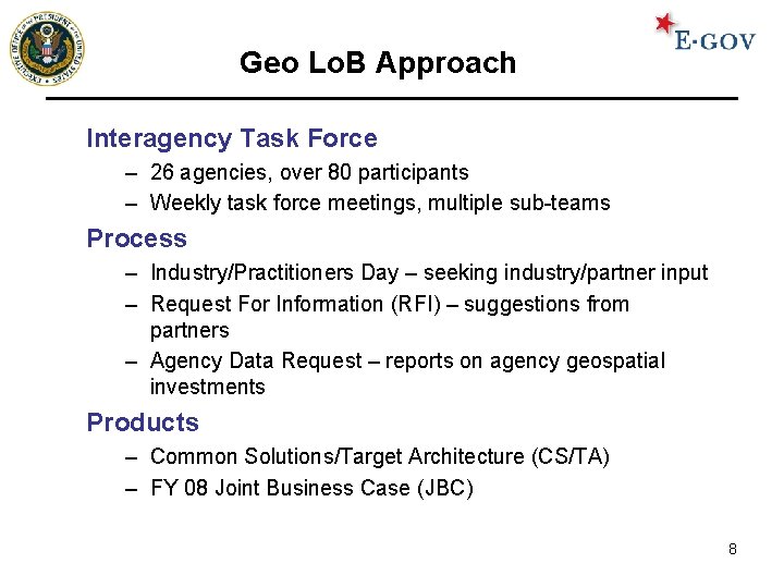 Geo Lo. B Approach Interagency Task Force – 26 agencies, over 80 participants –