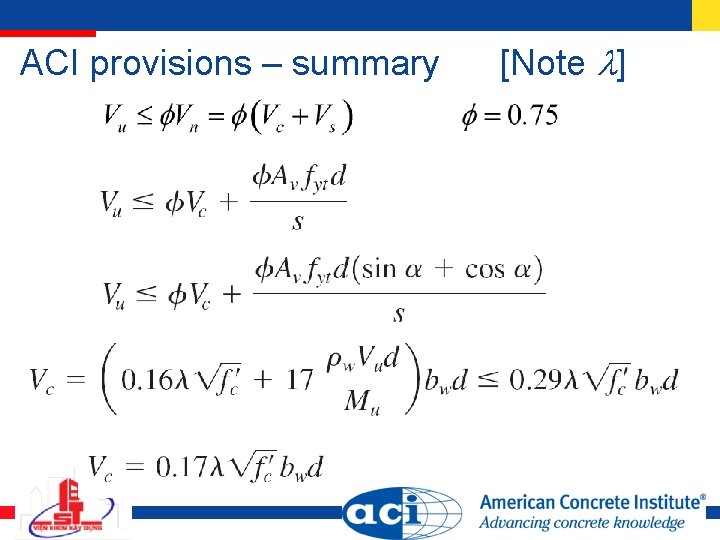 ACI provisions – summary [Note ] 