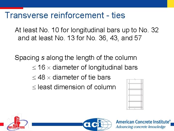 Transverse reinforcement - ties At least No. 10 for longitudinal bars up to No.