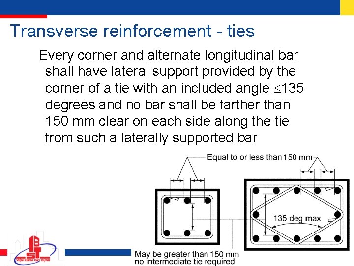 Transverse reinforcement - ties Every corner and alternate longitudinal bar shall have lateral support Transverse reinforcement - ties Every corner and alternate longitudinal bar shall have lateral support