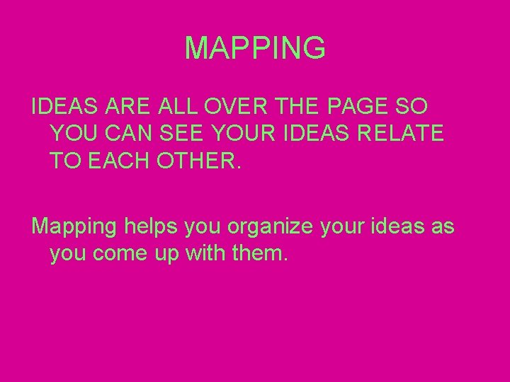 MAPPING IDEAS ARE ALL OVER THE PAGE SO YOU CAN SEE YOUR IDEAS RELATE