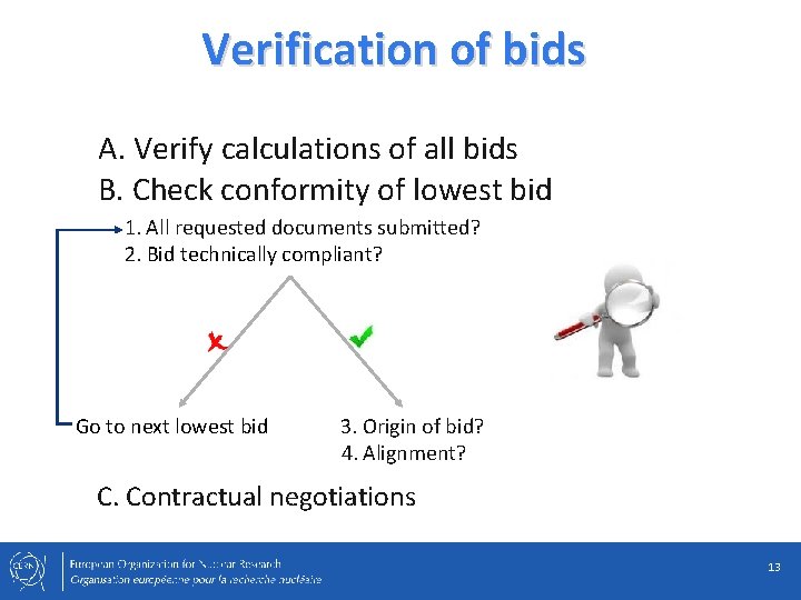 Verification of bids A. Verify calculations of all bids B. Check conformity of lowest