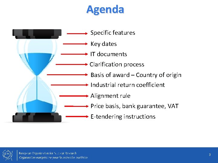 Agenda Specific features Key dates IT documents Clarification process Basis of award – Country