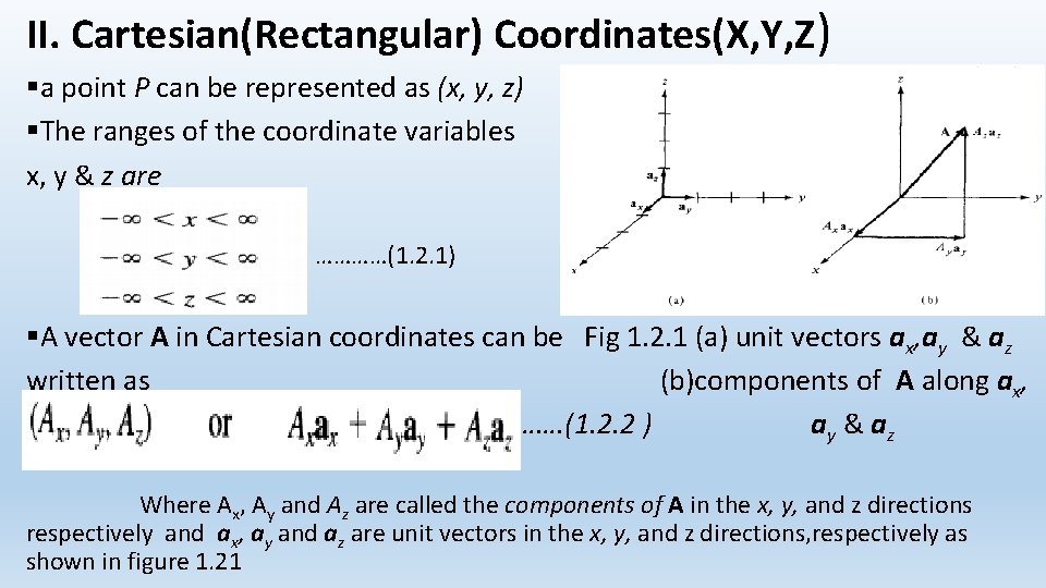 II. Cartesian(Rectangular) Coordinates(X, Y, Z) §a point P can be represented as (x, y,