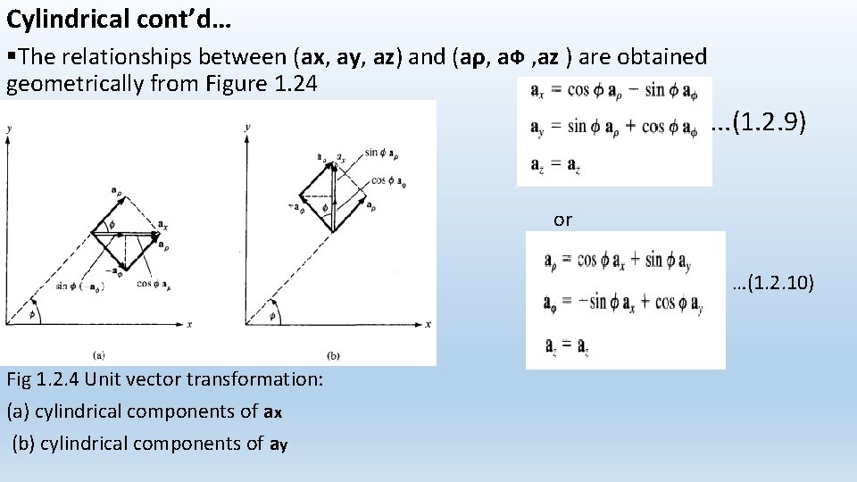 Cylindrical cont’d… §The relationships between (ax, ay, az) and (aρ, a. Ф , az